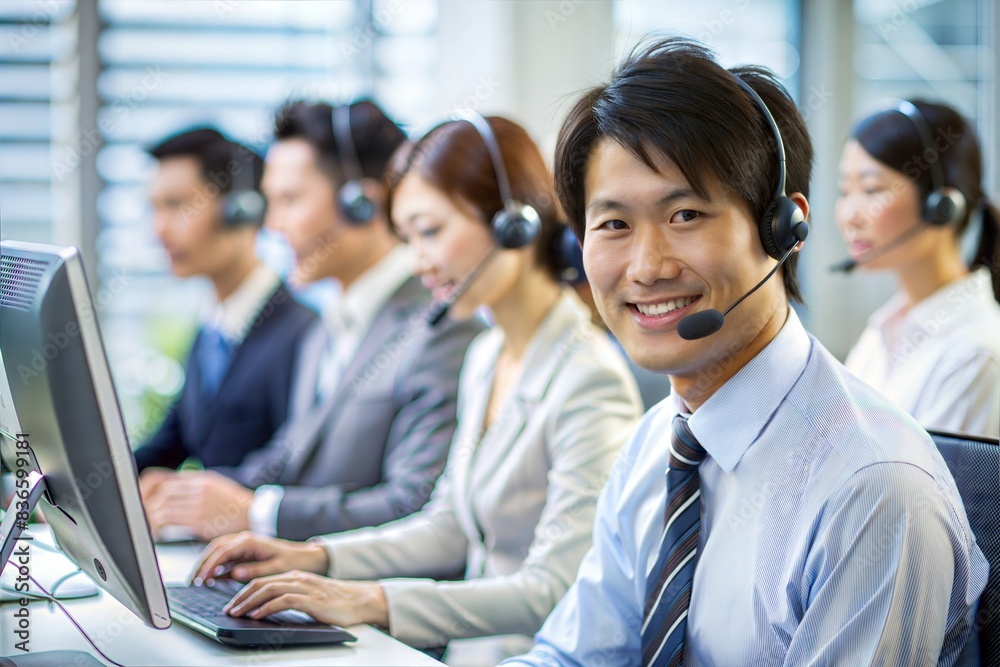 Call center, computer and business with Asian in office for technical support and advice. Ai generated Call center, computer and business with Asian in office for technical support and advice. Ai generated