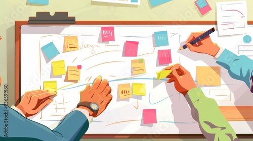 Creative Collaboration Team Brainstorming with Colorful Sticky Notes on Whiteboard