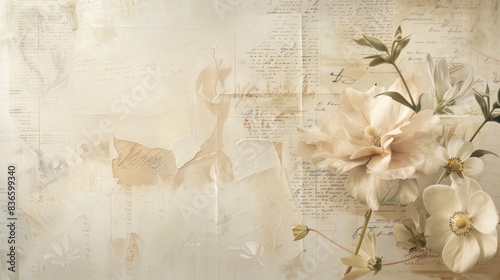 Old worn paper background with classic vintage rose flowers plant botanical decoration.