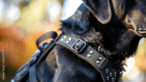 A close-up of a guide dogâs harness, showing the handle and attachment points. photo