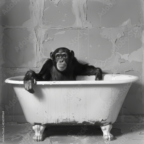 Chimpanzee in Bathtub, Black and White Wall Art