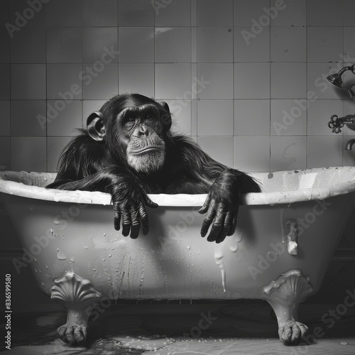 Chimpanzee in Bathtub, Black and White Wall Art