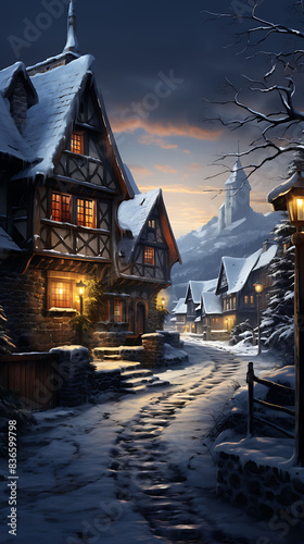 The quiet beauty of a snow-covered village at dusk, where smoke gently rises from chimneys, the snow dampens all sounds, and the warm glow of windows promises coziness and comfort. photo
