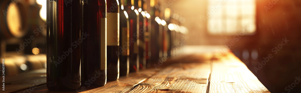 A row of wine bottles on the table with a blurred background and light and shadow effects. Closeup shots with soft tones captured in natural lighting within a wine cellar environment. The wooden textu A row of wine bottles on the table with a blurred background and light and shadow effects. Closeup shots with soft tones captured in natural lighting within a wine cellar environment. The wooden textu