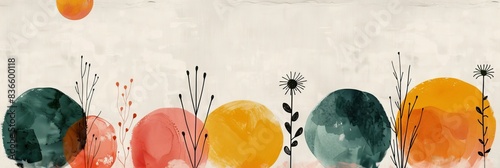 Abstract Shapes in Orange Blush, Yellow, Dusty Pink, and Light Dusty Teal with Bold Strokes, Soft Washes, and Naive Charm Feminine Sticker Art Phoenician Influence and Simple Sun and Flower Doodles photo