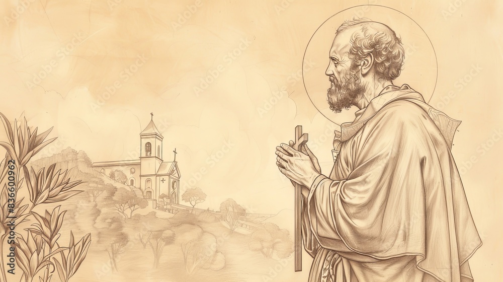 Fototapeta premium Biblical Illustration of Saint Joseph of Cupertino in deep prayer, holding a cross, serene church setting, piety and mystical experiences, beige background, copyspace