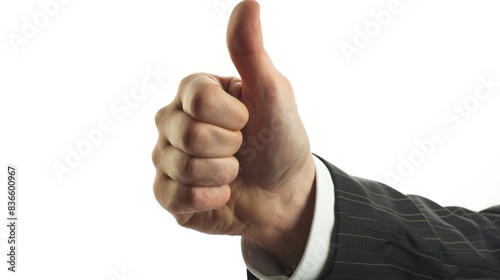 High definition close-up image of a businessman Thumbs up for the excellent performance. on a white background