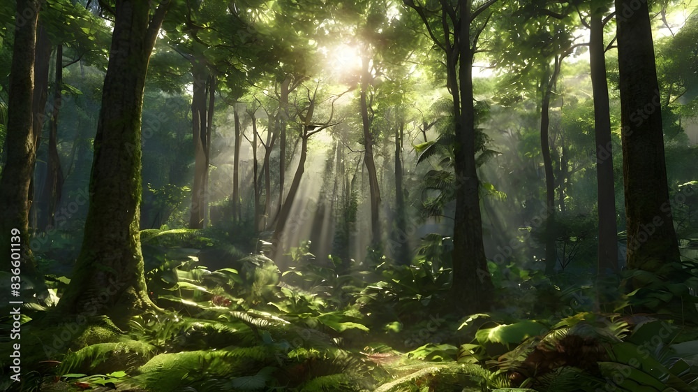 Obraz premium A secluded forest glade with sunlight streaming through the canopy