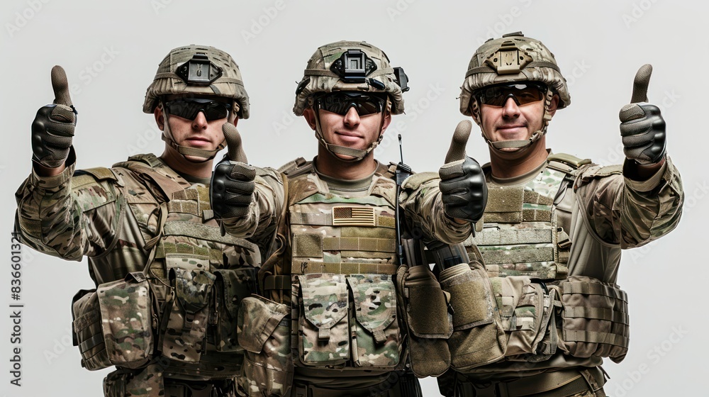 High resolution American soldier Thumbs up for the great work. on a white background High resolution American soldier Thumbs up for the great work. on a white background