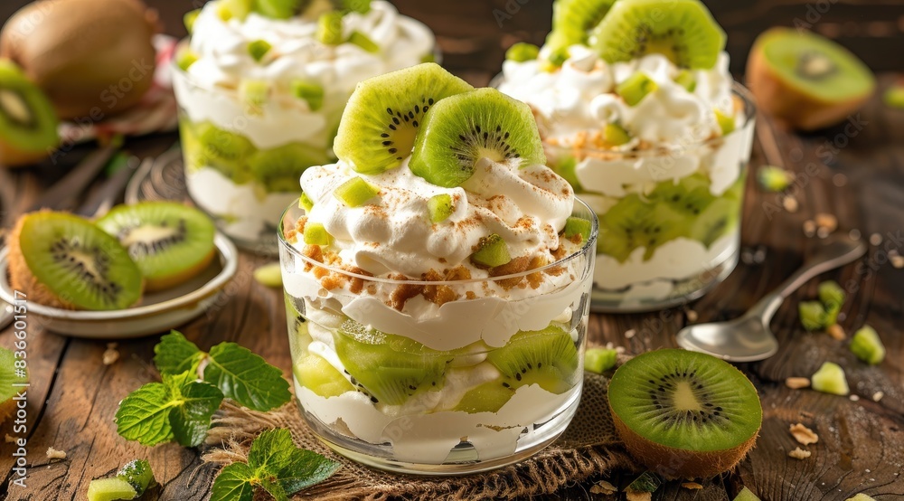 Fresh kiwi slices layered with cream in glass cups, a delicious and healthy dessert concept Fresh kiwi slices layered with cream in glass cups, a delicious and healthy dessert concept