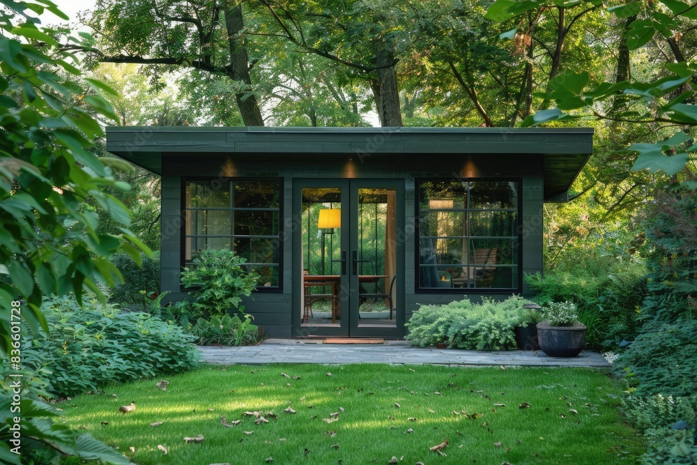 A contemporary white backyard shed with a flat roof, large doors, and surrounded by greenery A contemporary white backyard shed with a flat roof, large doors, and surrounded by greenery