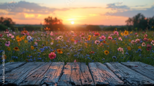 Fototapeta Naklejka Na Ścianę i Meble -  Scenic sunset view of a wildflower field with a rustic wooden table in the foreground, perfect for nature-themed projects or backgrounds.