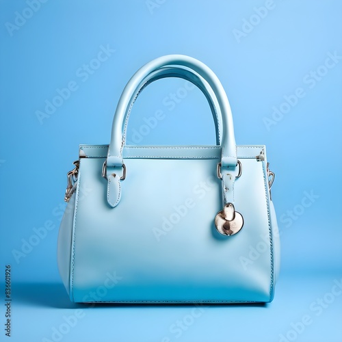 beautiful trendy smooth youth women's handbag in gentle blue color on light blue studio background, Ai Generated 