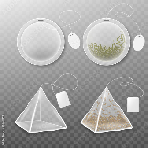 Tea bags isolated on transparent background. Realistic vector tea bag with label.