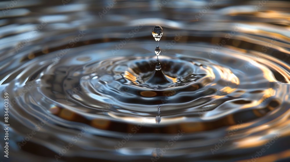 Realistic 3D depiction of single drop and rippled surface. Realistic 3D depiction of single drop and rippled surface.