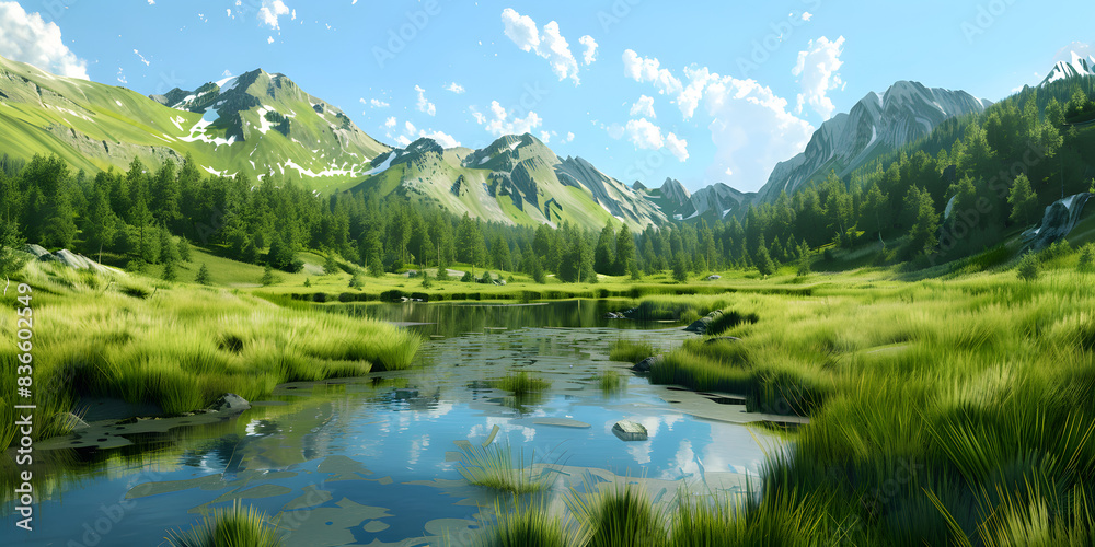 Fototapeta premium Lago Sereno entre Montanhas Verdes