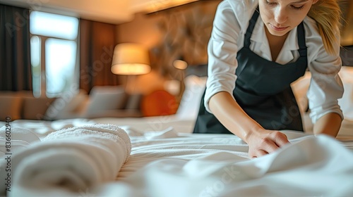 A woman is cleaning a bed with a towel on it