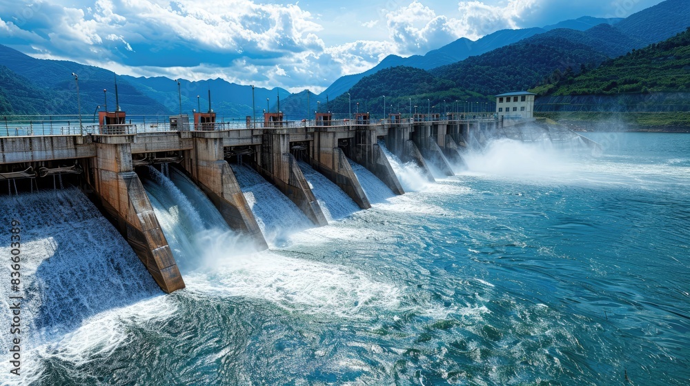 A large body of water with a dam and a series of waterfalls A large body of water with a dam and a series of waterfalls
