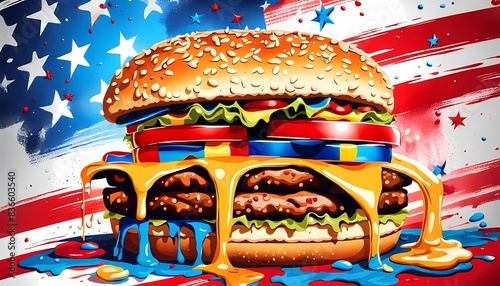 classic american cheeseburger with patriotic flag Celebrating Independence day on 4th July with an American stars and stripes flag in the background, Generative AI