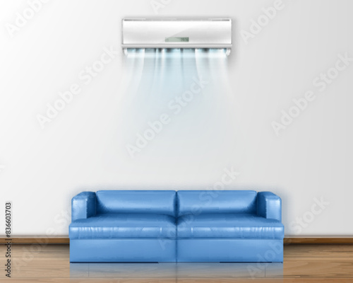 Vector realistic air conditioner with fresh air on the wall above the sofa.
