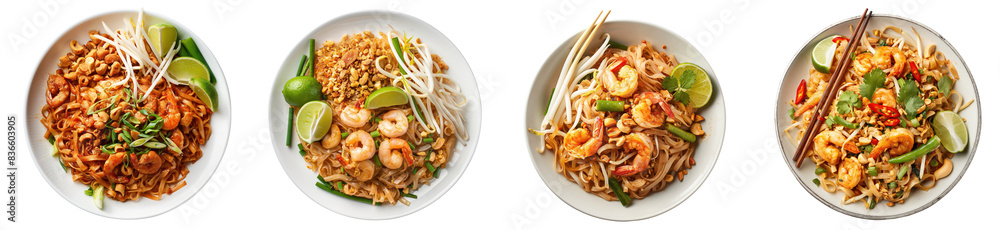 Pad Thai noodle with shrimp, Thai Food, lemon slice with chop stick, isolated PNG, transparent cutout, top view Pad Thai noodle with shrimp, Thai Food, lemon slice with chop stick, isolated PNG, transparent cutout, top view