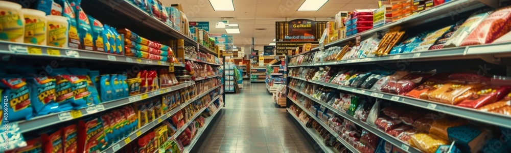 Many shelves of snacks and snacks in a store