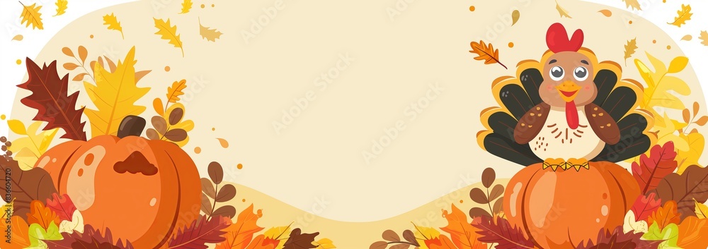 A wide thanksgiving backdrop with a turkey standing in a field of autumn leaves and a large copy space A wide thanksgiving backdrop with a turkey standing in a field of autumn leaves and a large copy space