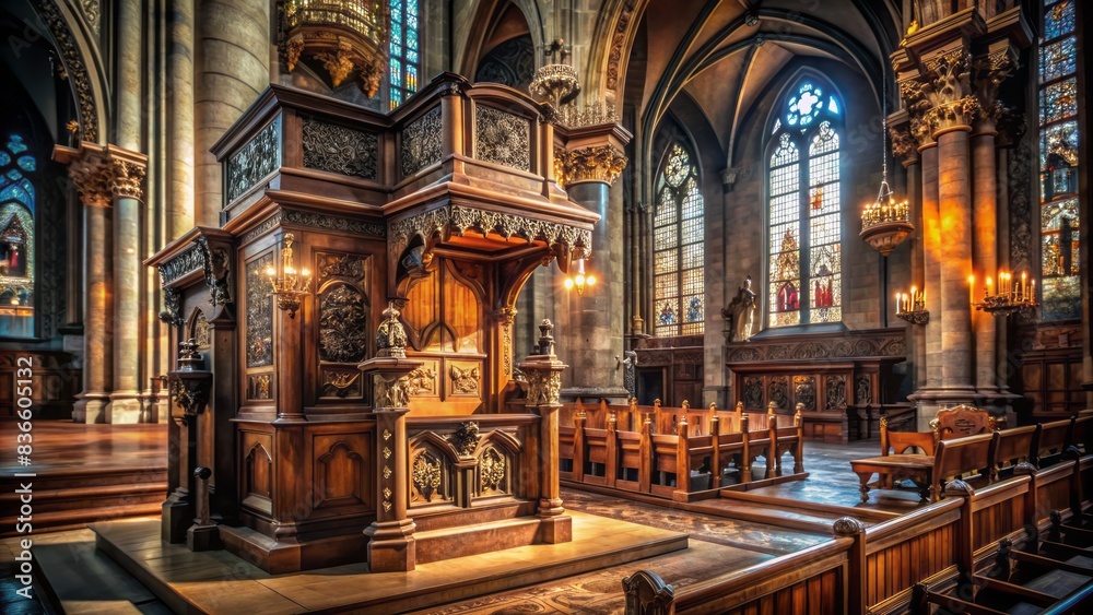 Obraz premium A ornate, dimly lit cathedral interior with a solitary, worn, wooden pulpit, adorned with intricate carvings, evoking a sense of piety and solemnity.