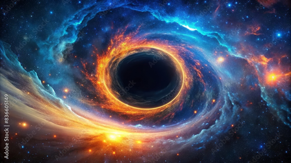 A mesmerizing celestial anomaly, dark circular void with swirling blue-purple gases and vibrant orange hues, set against a starry black cosmic background.
