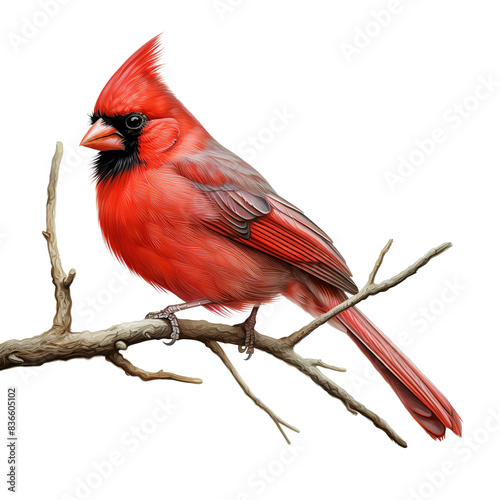 Northern cardinal bird on the branch a white background. Bird, Wildlife Animals. Illustration, Generative AI.
