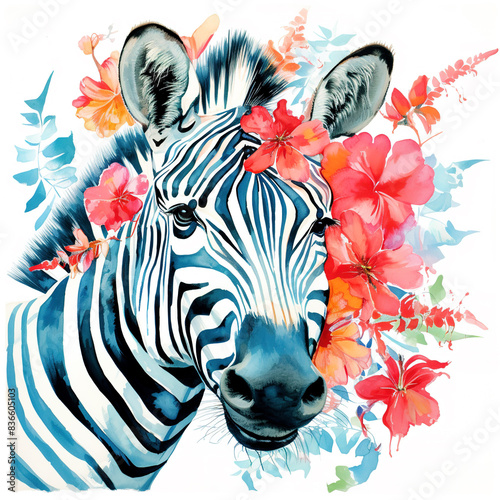 Image of a zebra head with colorful tropical flowers on white background. Mammals. Wildlife Animals.