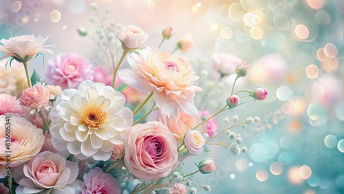 Soft, pastel-hued flowers and delicate textures blend harmoniously on a dreamy background, evoking a sense of love, joy, and celebration, perfect for greeting cards and gifts. © Wanlop