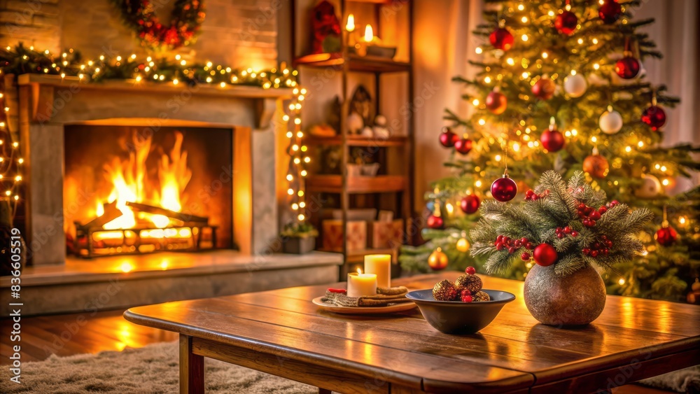 Warm and inviting blurred background of a cozy home interior with a crackling fireplace, decorated christmas tree, and adorned table beside the fire. Warm and inviting blurred background of a cozy home interior with a crackling fireplace, decorated christmas tree, and adorned table beside the fire.