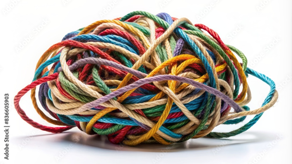 A twisted, surreal snag of tangled threads and yarns in a mesmerizing knot, set against a clean white background with ample copyspace. A twisted, surreal snag of tangled threads and yarns in a mesmerizing knot, set against a clean white background with ample copyspace.