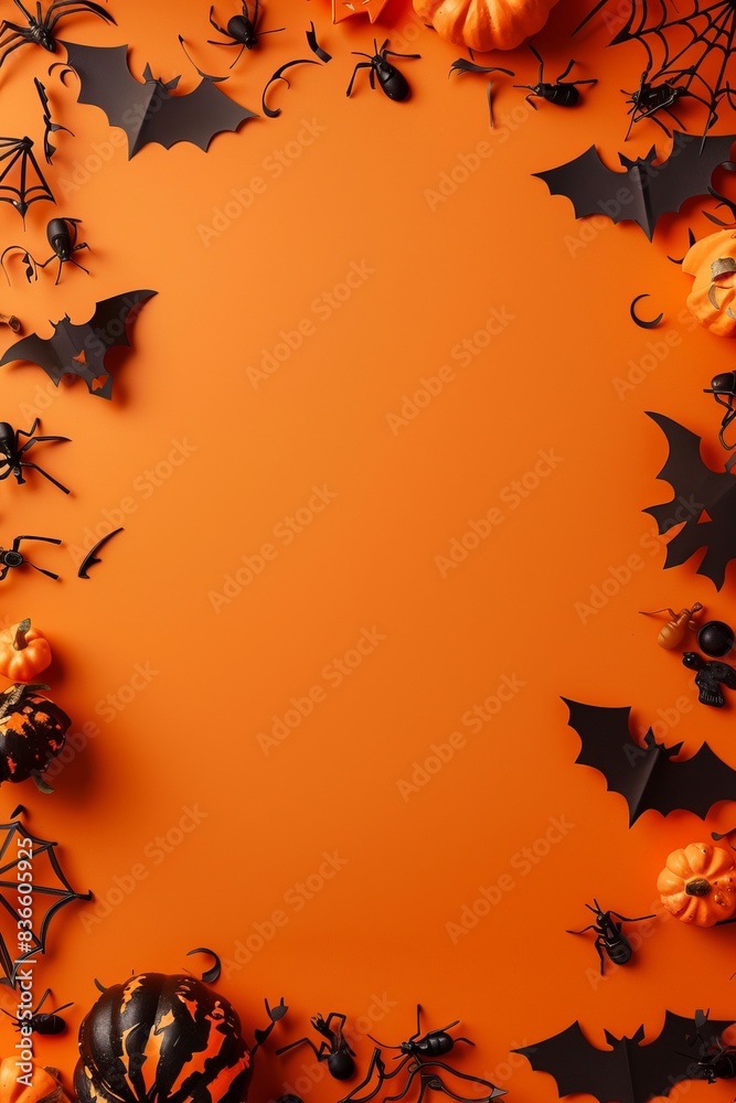 An orange background surrounded by Halloween related decorations such as bats and pumpkins, suitable for a festive frame An orange background surrounded by Halloween related decorations such as bats and pumpkins, suitable for a festive frame