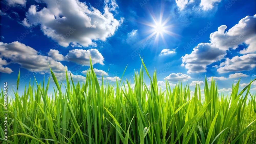 Fototapeta premium Vibrant green grass sways gently against a brilliant blue sky with fluffy white clouds, perfect for creative banners or advertisements requiring a serene background.