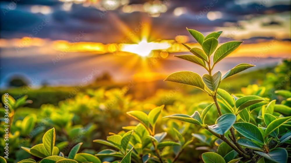 Vibrant green leaves of a solitary plant stretch towards the warm, golden light of a breathtaking sunset, set against a serene, tranquil natural backdrop.