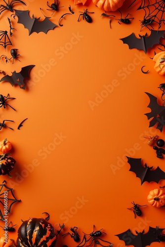 An orange background surrounded by Halloween related decorations such as bats and pumpkins, suitable for a festive frame