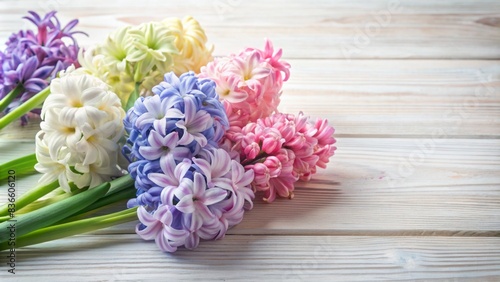 Delicate hyacinth blooms in soft pastel hues adorn a pristine white wooden backdrop, evoking serenity and elegance, perfect for showcasing beauty products in this copy space image.