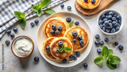 Wallpaper Mural Aerial view of a delicious breakfast setup featuring cottage cheese pancakes, sour cream, and fresh blueberries on a light background, perfect for morning meal. Torontodigital.ca