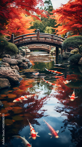 A serene pond in a Japanese garden during autumn, with maple leaves in shades of red and orange floating on the water's surface, koi fish swimming below,
