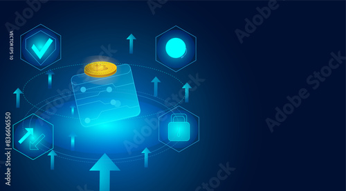 Crypto wallet concept. Bitcoin transfer in digital wallet futuristic background. Vector illustration