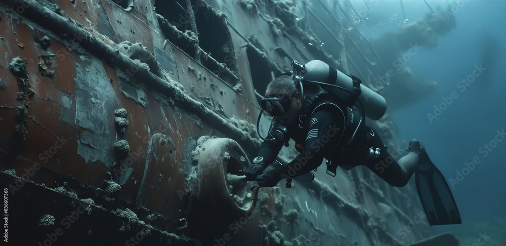 Naklejka premium A man in scuba gear is diving near a ship.