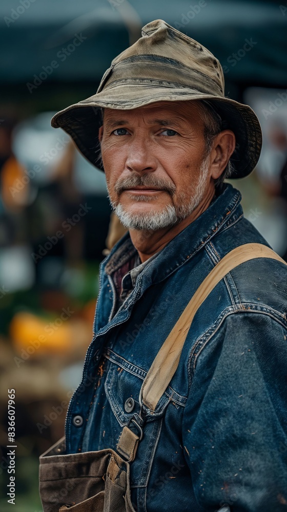 A man in overalls and a hat standing in front of a market. A man in overalls and a hat standing in front of a market.