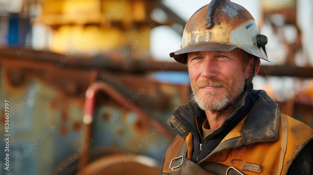 A man in a hard hat standing in front of a ship. A man in a hard hat standing in front of a ship.