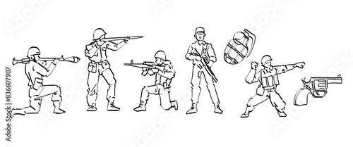 hand drawn cartoon character for children game or military combat toy soldier collection pose action illustration