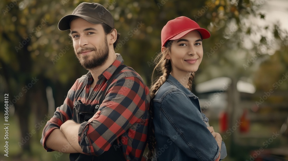 A man and woman standing together in a field. A man and woman standing together in a field.