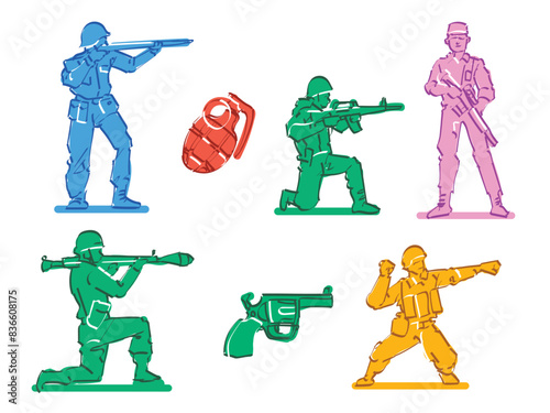 Colorful toys miniatures soldier figurine collection vintage retro style hand drawn cartoon character children game army military