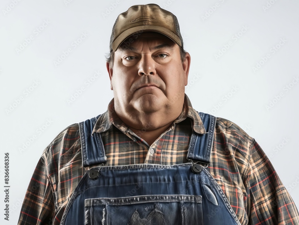 A man in overalls and a hat. A man in overalls and a hat.