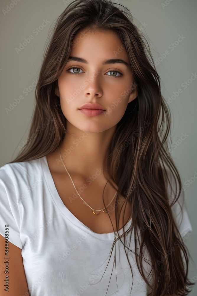 A beautiful woman with long brown hair and white shirt. A beautiful woman with long brown hair and white shirt.